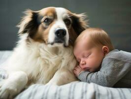 amoroso perro acariciando un recién nacido bebé en un cuna ai generativo foto