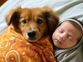 amoroso perro acariciando un recién nacido bebé en un cuna ai generativo foto