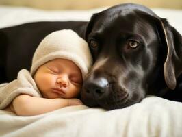 Loving dog nuzzling a newborn baby in a crib AI Generative photo