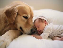 amoroso perro acariciando un recién nacido bebé en un cuna ai generativo foto