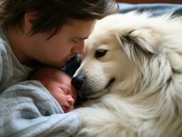 amoroso perro acariciando un recién nacido bebé en un cuna ai generativo foto