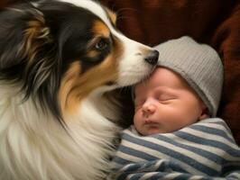 amoroso perro acariciando un recién nacido bebé en un cuna ai generativo foto