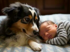 Loving dog nuzzling a newborn baby in a crib AI Generative photo