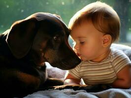 amoroso perro acariciando un recién nacido bebé en un cuna ai generativo foto