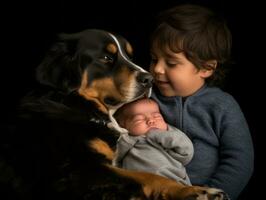 amoroso perro acariciando un recién nacido bebé en un cuna ai generativo foto