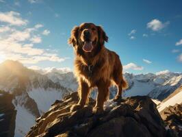 majestuoso perro en pie con orgullo en un montaña pico ai generativo foto