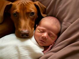 Loving dog nuzzling a newborn baby in a crib AI Generative photo