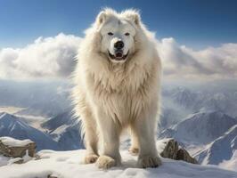 majestuoso perro en pie con orgullo en un montaña pico ai generativo foto