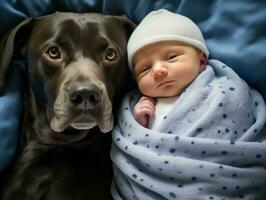 Loving dog nuzzling a newborn baby in a crib AI Generative photo