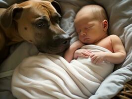 amoroso perro acariciando un recién nacido bebé en un cuna ai generativo foto