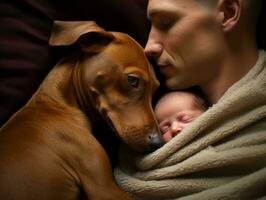 Loving dog nuzzling a newborn baby in a crib AI Generative photo