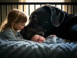 amoroso perro acariciando un recién nacido bebé en un cuna ai generativo foto