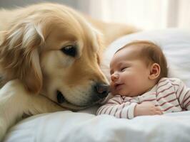 Loving dog nuzzling a newborn baby in a crib AI Generative photo