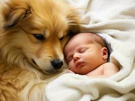 Loving dog nuzzling a newborn baby in a crib AI Generative photo