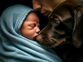 amoroso perro acariciando un recién nacido bebé en un cuna ai generativo foto