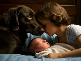 amoroso perro acariciando un recién nacido bebé en un cuna ai generativo foto