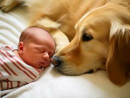 amoroso perro acariciando un recién nacido bebé en un cuna ai generativo foto