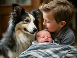 amoroso perro acariciando un recién nacido bebé en un cuna ai generativo foto