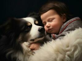 Loving dog nuzzling a newborn baby in a crib AI Generative photo