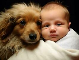 amoroso perro acariciando un recién nacido bebé en un cuna ai generativo foto