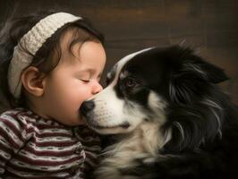 amoroso perro acariciando un recién nacido bebé en un cuna ai generativo foto