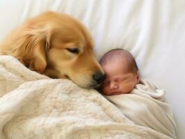 amoroso perro acariciando un recién nacido bebé en un cuna ai generativo foto