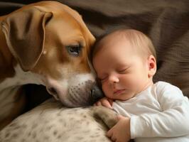 amoroso perro acariciando un recién nacido bebé en un cuna ai generativo foto