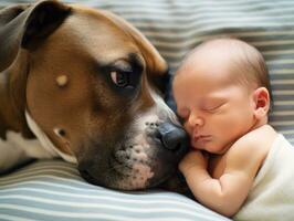 Loving dog nuzzling a newborn baby in a crib AI Generative photo