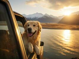 Happy dog riding in a car with its head out the window AI Generative photo