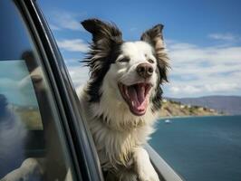 contento perro montando en un coche con sus cabeza fuera el ventana ai generativo foto