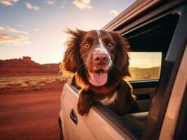 Happy dog riding in a car with its head out the window AI Generative photo