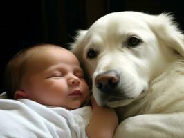 Loving dog nuzzling a newborn baby in a crib AI Generative photo