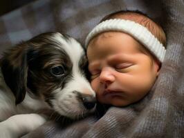 Loving dog nuzzling a newborn baby in a crib AI Generative photo