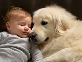 amoroso perro acariciando un recién nacido bebé en un cuna ai generativo foto