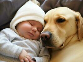 Loving dog nuzzling a newborn baby in a crib AI Generative photo