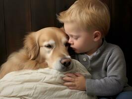 amoroso perro acariciando un recién nacido bebé en un cuna ai generativo foto