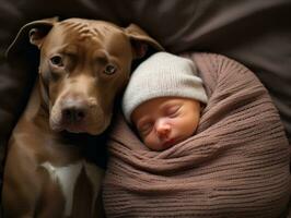 Loving dog nuzzling a newborn baby in a crib AI Generative photo