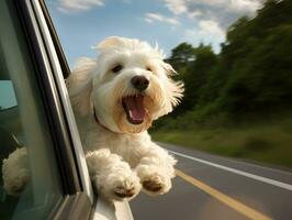 contento perro montando en un coche con sus cabeza fuera el ventana ai generativo foto