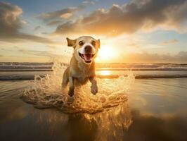 Happy dog playing on the beach AI Generative photo