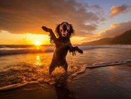 Happy dog playing on the beach AI Generative photo