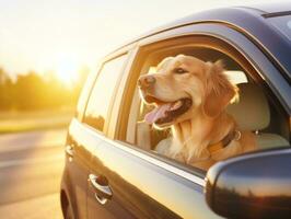 Happy dog riding in a car with its head out the window AI Generative photo