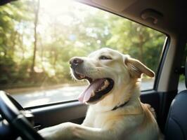 Happy dog riding in a car with its head out the window AI Generative photo