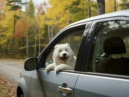 Happy dog riding in a car with its head out the window AI Generative photo