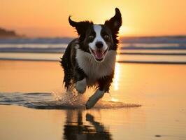 Happy dog playing on the beach AI Generative photo