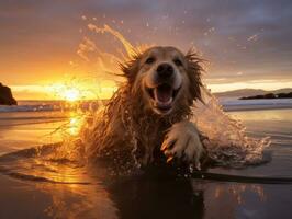 Happy dog playing on the beach AI Generative photo