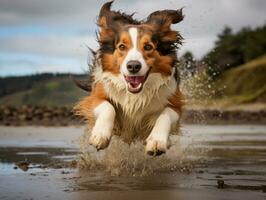 Happy dog playing on the beach AI Generative photo