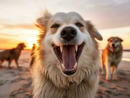 contento perro jugando en el playa ai generativo foto