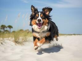 Happy dog playing on the beach AI Generative photo