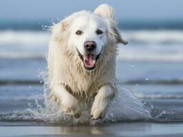 contento perro jugando en el playa ai generativo foto