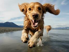 Happy dog playing on the beach AI Generative photo